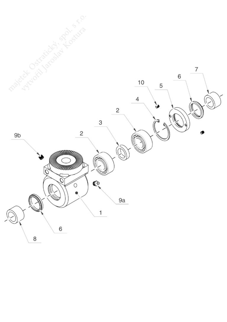 Technická ilustrace zobrazující přehledné vyobrazení umístění dílů v sestavě.