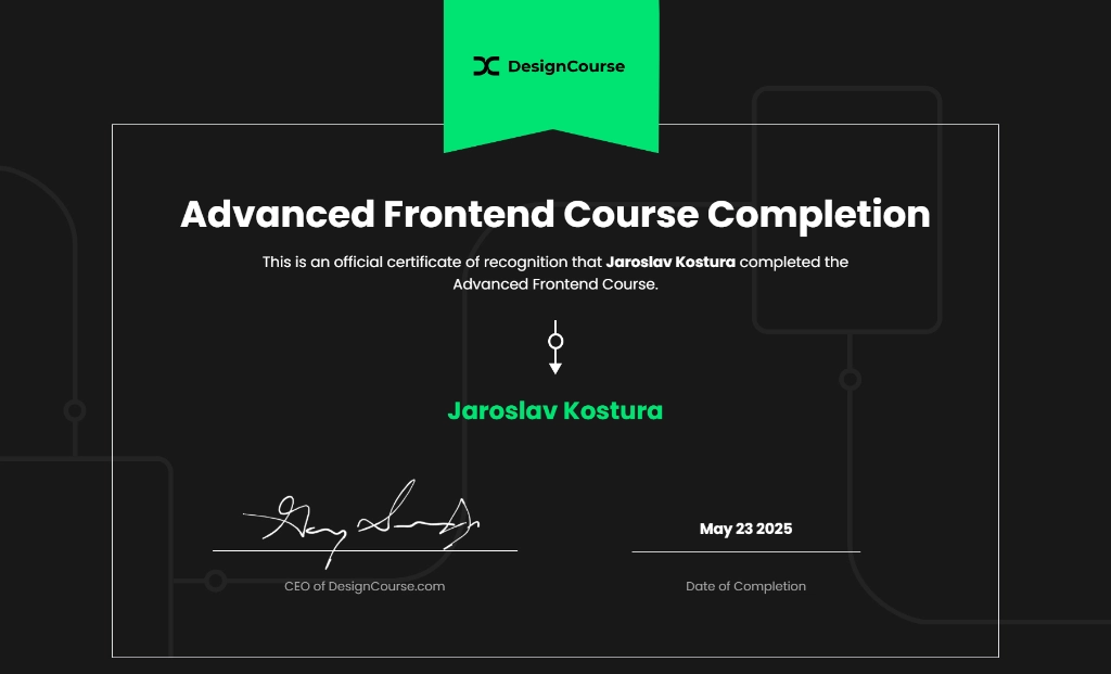 Certifikát Advanced Frontend Design Course.